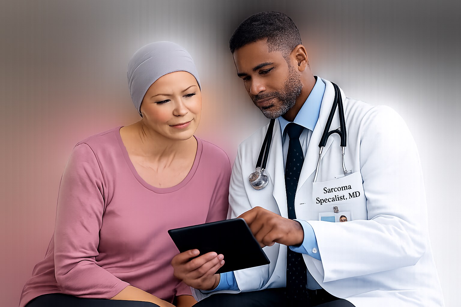 A patient and an oncology specialist reviewing treatment information together on a tablet in a modern cancer center consultation room